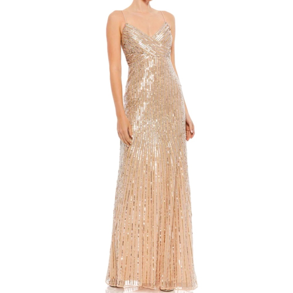 NWOT Mac Duggal $498 Champagne Nude & Pastel Sequin A-Line Gown V-Neck Size 16